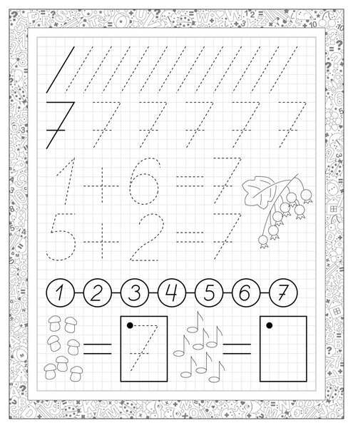 Black and white worksheet on a square paper with exercises for little children. Page with number seven.