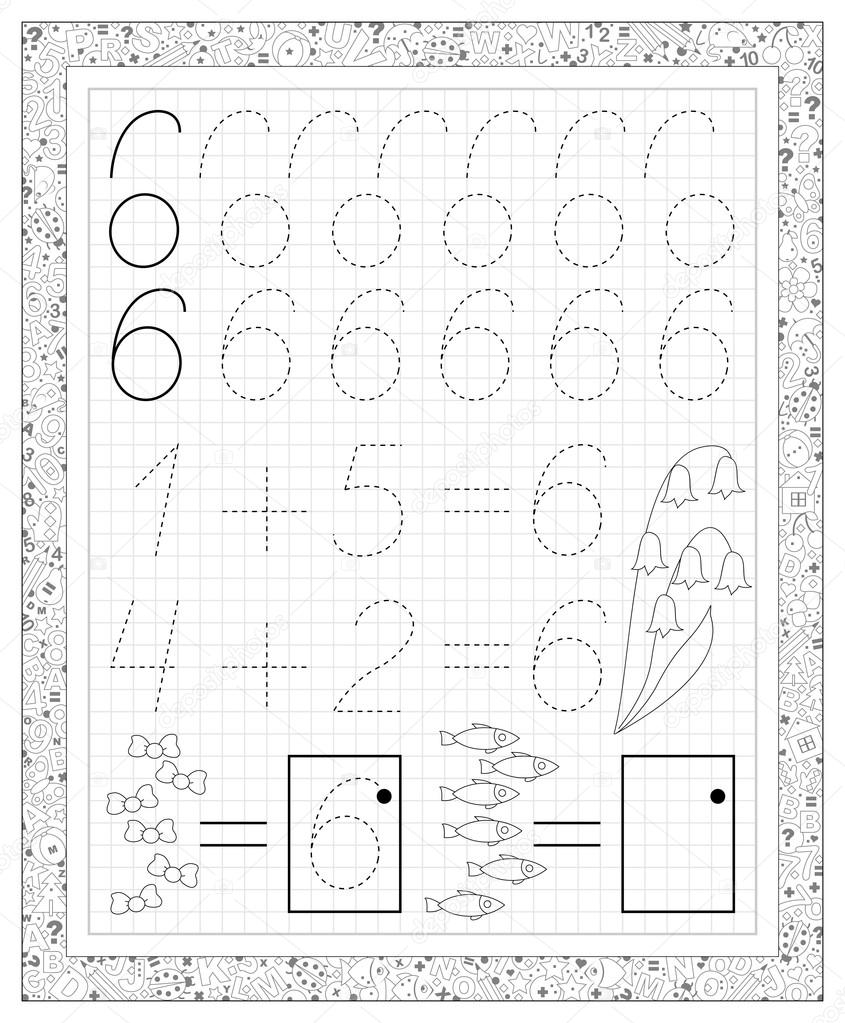 Black and white worksheet on a square paper with exercises for little children. Page with number six.