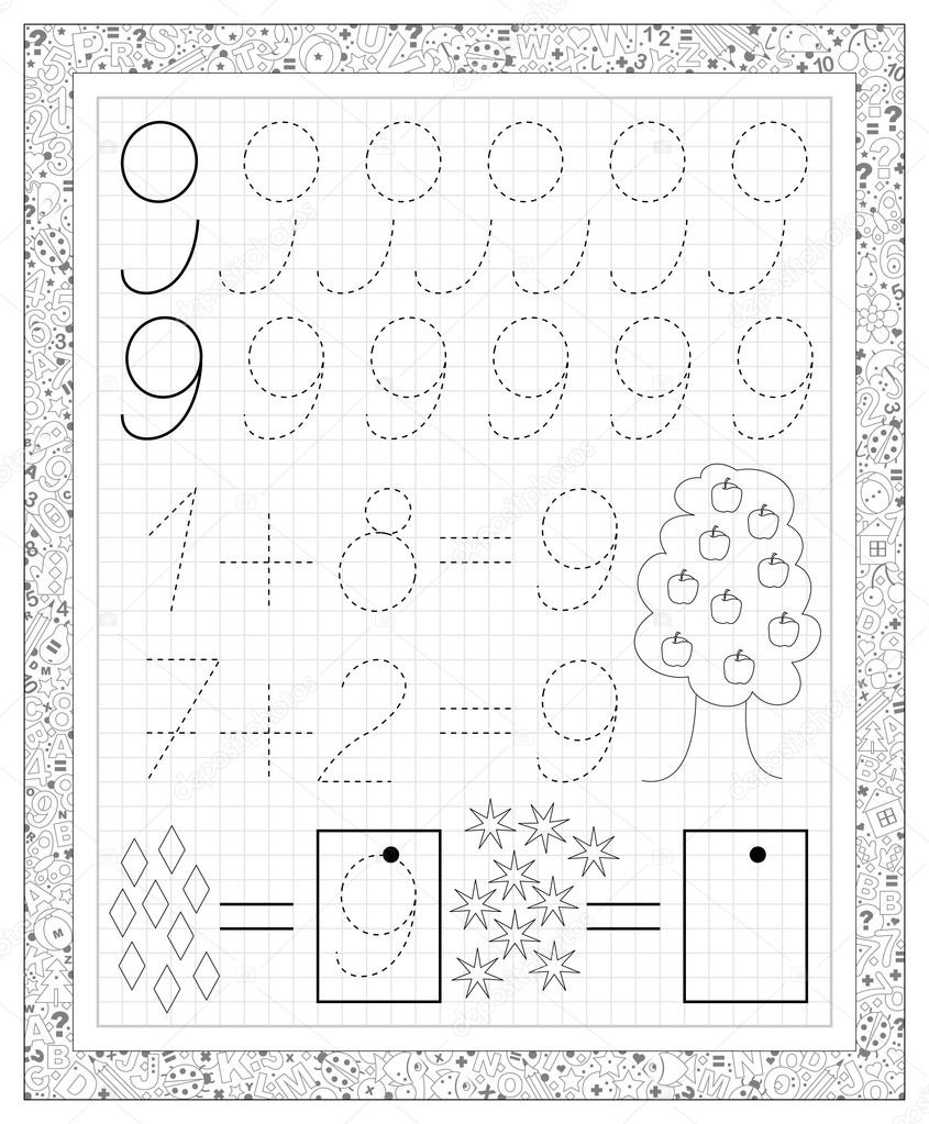 Black and white worksheet on a square paper with exercises for little children. Page with number nine.