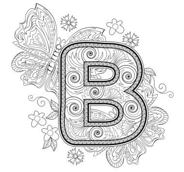 Çocuk boyama kitabı için siyah beyaz sayfa. B harfini öğren ve boya. Çocuklar için eğitim sayfası. Çocuklar ve yetişkinler için çizim ve meditasyon çalışma tablosu. Zen-karmaşası deseni. El çizimi vektör.