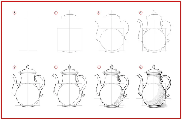 Pagina Mostra Come Imparare Disegnare Schizzo Caffettiera Creazione Passo Dopo — Vettoriale Stock