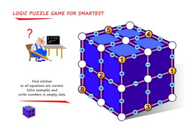 Zekiler için matematik mantığı bulmacası oyunu. Çözüm bul ki tüm denklemler doğru olsun. Örnekleri çöz ve boş yuvalara numaralar yaz. Zeka oyunu kitabı için sayfa. Yaşlılar için hafıza eğitim alıştırmaları.