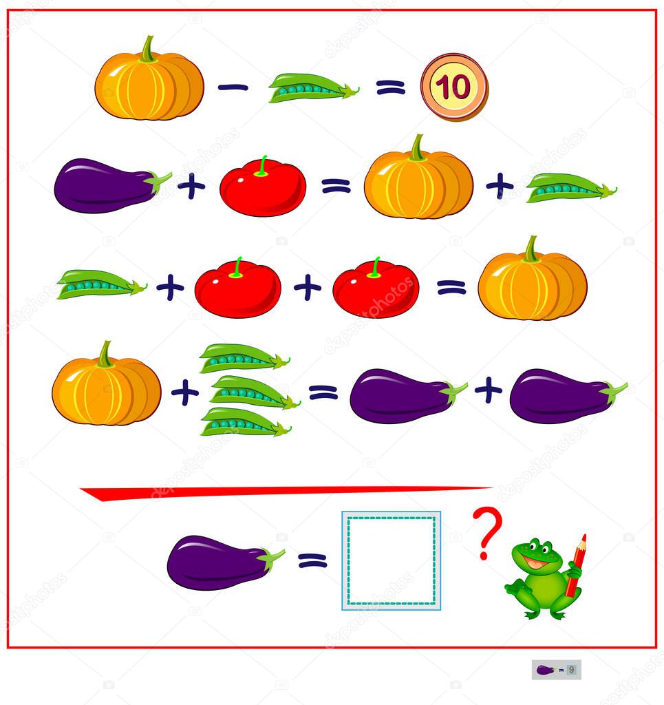 Mathematical logic puzzle game for smartest. How much is the eggplant? Solve examples and count the price of all vegetables. Page for brain teaser book. Memory training exercises for seniors.