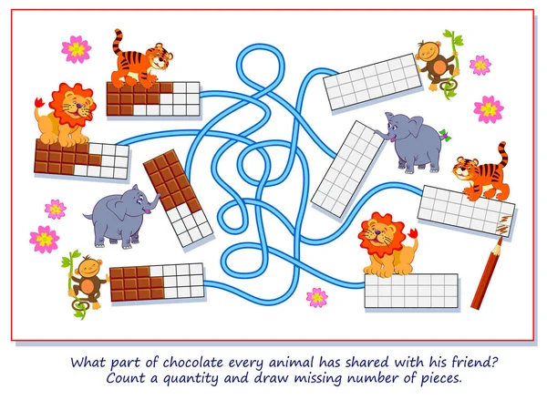 Matematické Vzdělání Pro Malé Děti Jakou Část Čokolády Každé Zvíře — Stockový vektor