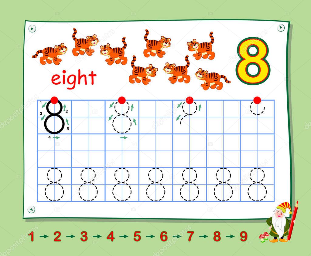 Mathematical education for little children. Learn write numbers. Printable worksheet for school textbook. Kids activity sheet. Developing counting skills. Trace number eight.