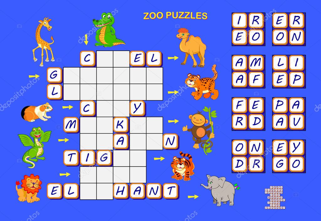 Crossword puzzle for children with animals. Logic game. Find the correct places for all blocks with letters. Educational page for children to study English. Printable worksheet for kids textbook.