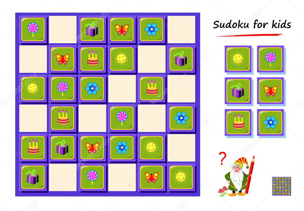 Sudoku for kids. Logic puzzle game for children and adults. Play online. Memory training exercises for seniors.  Printable page for brain teaser book. IQ test.