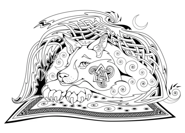 白黒ページのぬり絵 Triskeleシンボルを持つ古代の伝説からのファンタジーケルト動物 生地やタトゥーのためのモダンなプリント 子供と大人のための描画と瞑想のためのワークシート — ストックベクタ