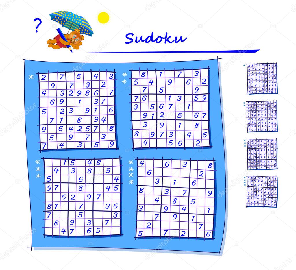 Set of Sudoku puzzles. Different levels. Logic game for children and adults. Play online. Memory training exercises for seniors.  Printable page for brain kids teaser book. IQ test.