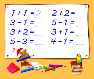 Küçük çocuklar için matematik eğitimi. Örnekler çöz ve sayıları yaz. Toplama ve çıkarma üzerine alıştırmalar. Çocuk okulu ders kitabı için yazdırılabilir çalışma tablosu.