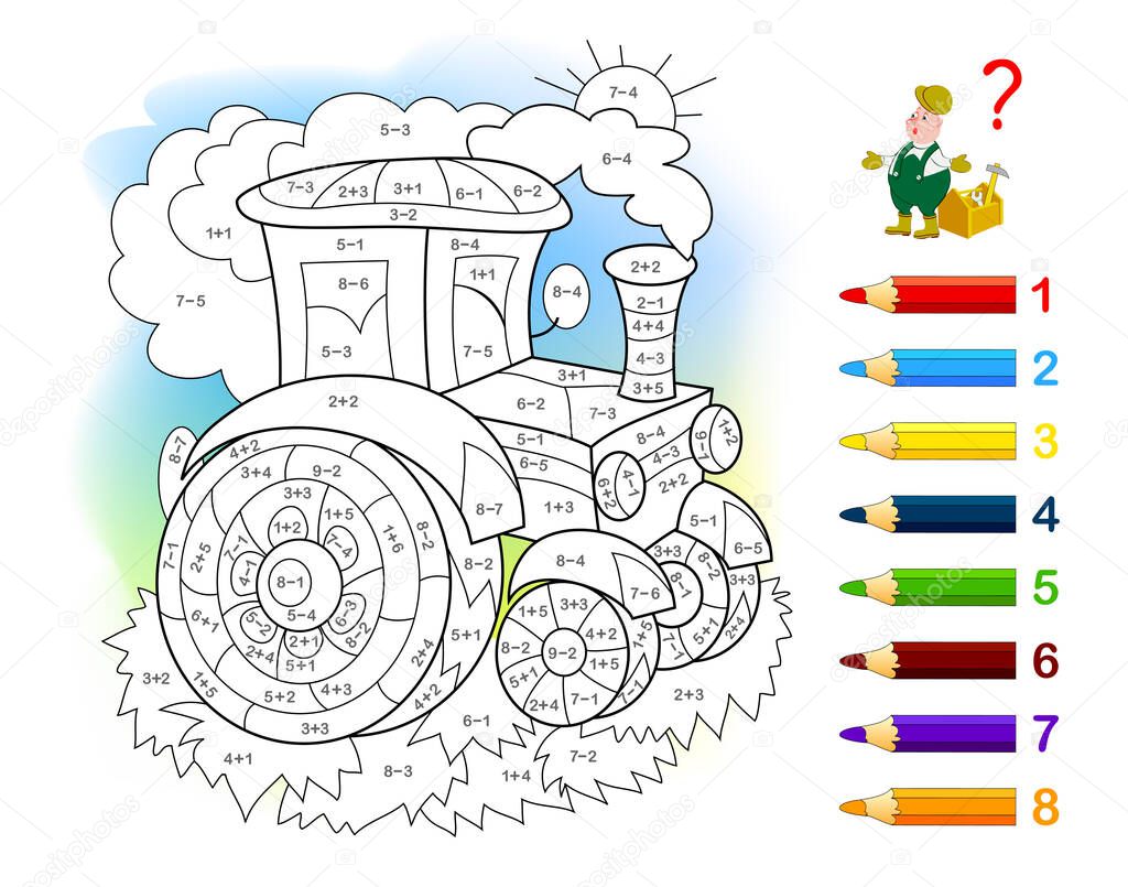Math education for little children. Coloring book. Mathematical exercises on addition and subtraction. Solve examples and paint the tractor. Developing counting skills. Worksheet for kids.