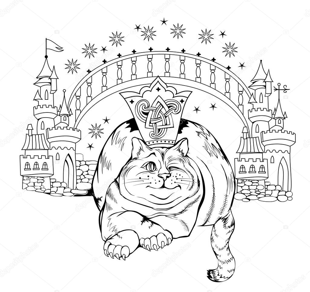 Black and white page coloring book. Fantasy illustration of wonderland cat and his kingdom. Print for fabric and kids fairy tale. Worksheet for drawing and meditation for children and adults.