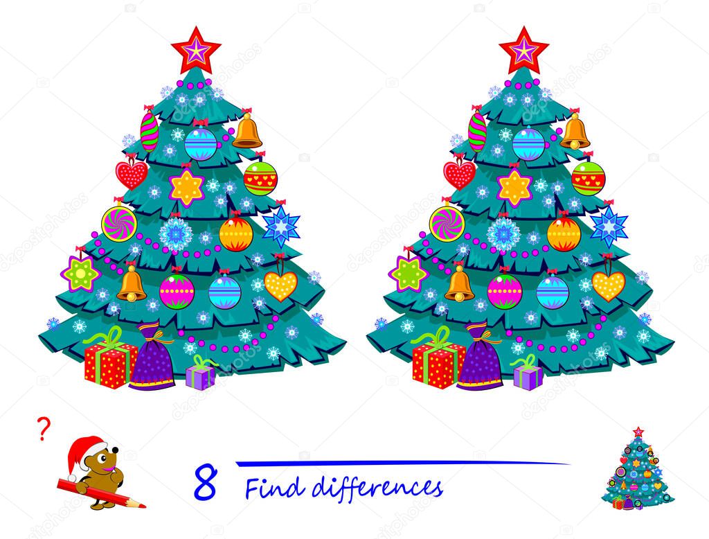 Find 8 differences. Illustration of Christmas tree. Logic puzzle game for children and adults. Brain teaser book for kids. Play online. Developing counting skills. IQ test. Memory training for seniors.