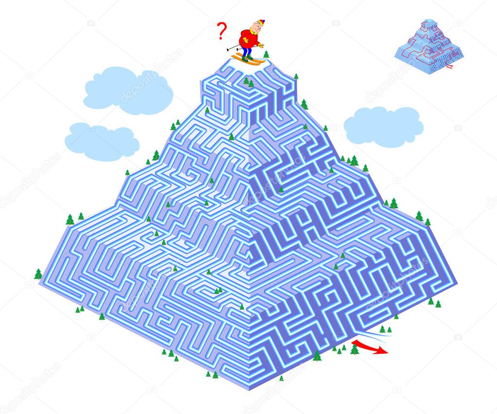 Logic puzzle game with labyrinth for children and adults. Help the skier get down the mountain. Find the way. Worksheet for kids brain teaser book. IQ test. Play online. Flat vector illustration.