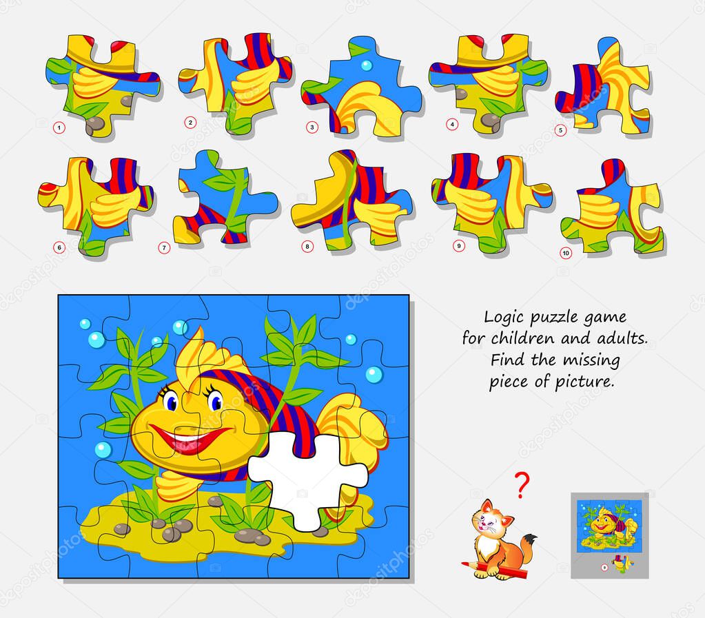 Logic puzzle game for children and adults. Find the missing piece of picture. Page for kids brain teaser book. IQ test. Play online. Memory exercise for seniors. Developing spatial thinking.