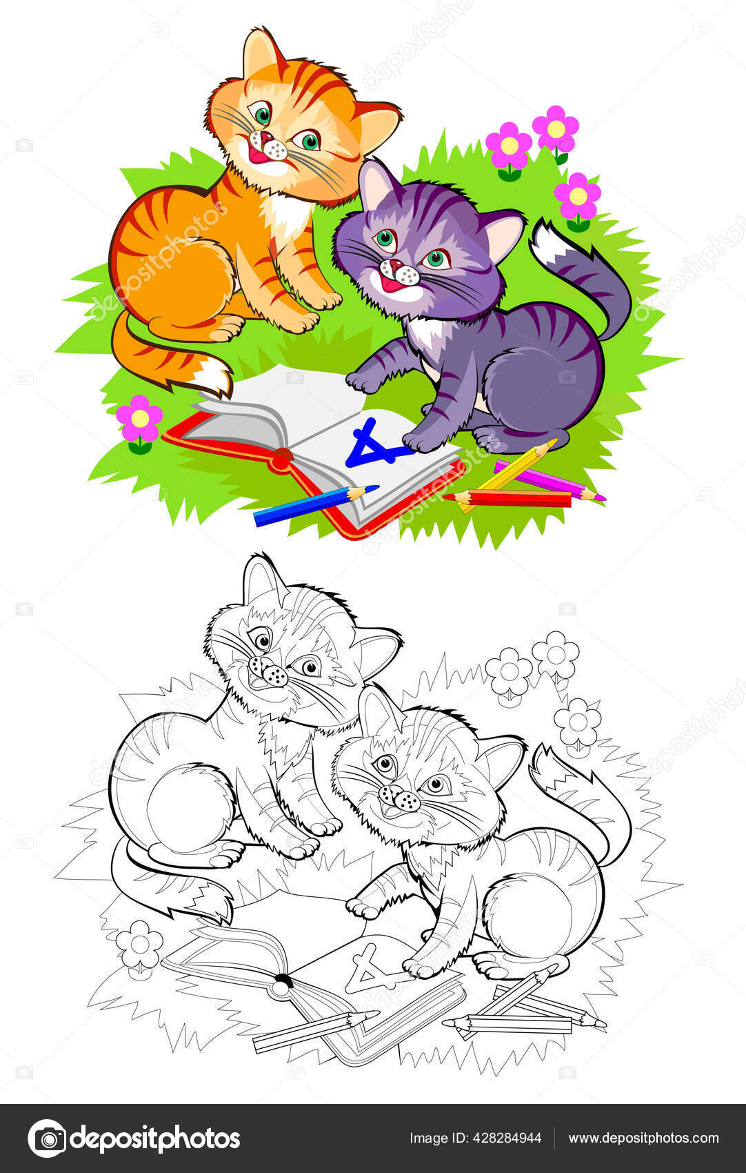 ぬり絵のページ 読むことを学ぶ2匹のかわいい猫のイラスト オンライン教育 子供向けの動物 子供や大人のための図面や瞑想のための印刷可能なワークシート  学校に戻る ストックベクター ©Nataljacernecka 428284944, image size:1082x1700