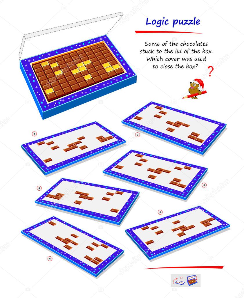 Logic puzzle game for smartest. Some of the chocolates stuck to the lid of the box. Which cover was used to close the box? Printable page for brain teaser book. IQ test. Play online.