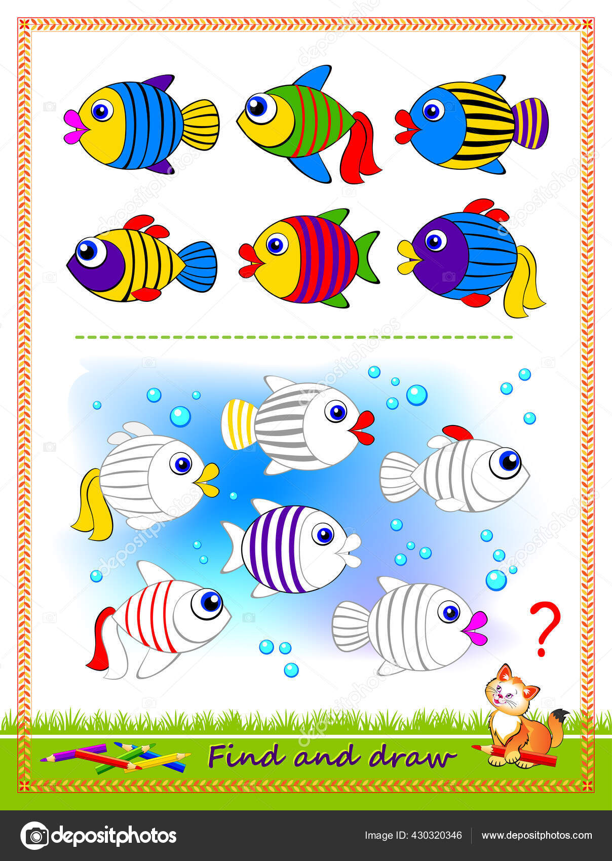 Educational Game Kids Find Fishes Draw Them Example Printable