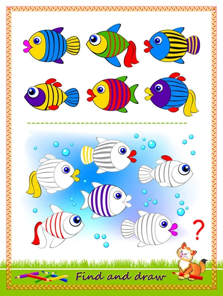 Educational Game Kids Find Fishes Draw Them Example Printable Worksheet — Stock Vector