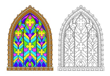 Colorful and black and white illustration of Gothic stained glass window. Coloring book for children and adults. Medieval architectural style in Western Europe. Worksheet for drawing and meditation. clipart