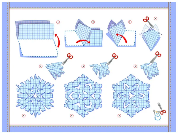 紙の美しい雪片からカットする方法 あなた自身のクリスマスの装飾をしなさい 子供のためのゲームとテンプレートのセット はさみを使用することを学ぶ 切断と手仕事のための子供のスキルを開発 — ストックベクタ