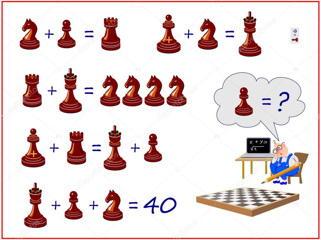 Mathematical logic puzzle game for smartest. How much is the pawn? Solve examples and count the price of all chess pieces. Page for brain teaser book. Memory training exercises for seniors.