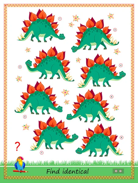 Logic Puzzle Game Children Adults Find Two Identical Stegosaurus Memory — Stock Vector