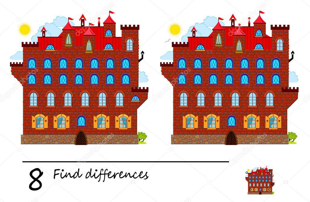 Find 8 differences. Illustration of medieval castle. Logic puzzle game for children and adults. Brain teaser book for kids. Developing counting skills. IQ test. Memory training for seniors.