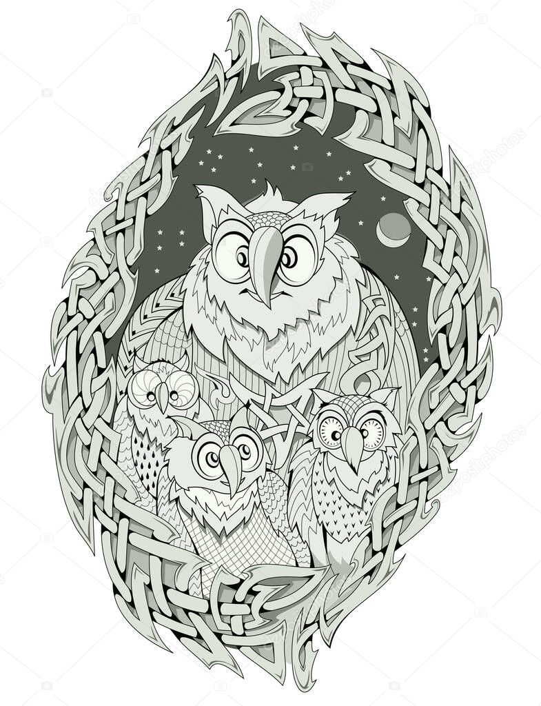 Illustration of fantastic owls family. Abstract background with ancient legendary Nordic decoration. Ethnic ornament with Celtic knot. Print for fabric, Henna, tattoo.