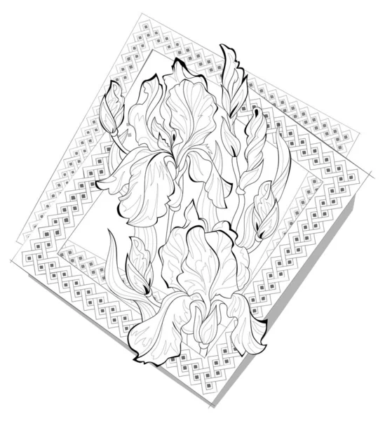 Zwart Wit Pagina Kleurboek Fantasie Illustratie Van Mooie Irissen Bloemen — Stockvector