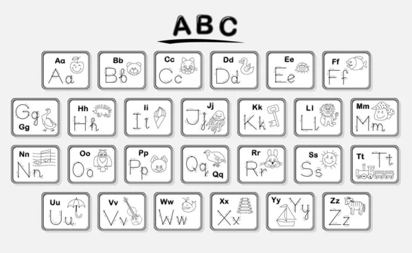 Set Van Zwart Wit Kaarten Abc Met Foto Bestuderen Educatief — Stockvector