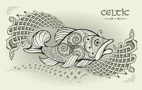 노르딕 양식의 장식과 배경을 가지고 환상적 물고기의 매듭이 장식과 모양의 — 스톡 벡터