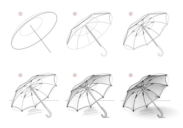 Page Montre Comment Apprendre Dessiner Croquis Parapluie Ouvert Création Étape — Image vectorielle