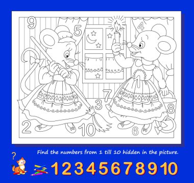 Logic puzzle game. Math education for young children. Find the numbers from 1 to 10 hidden in the picture and paint them. Coloring book. Developing counting skills. IQ test. Worksheet for kids. clipart