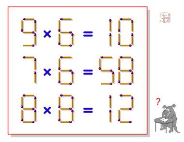 Kibritlerle oynanan mantık oyunu. Her görevde denklemleri doğru yapmak için sadece 1 kibrit çöpü hareket ettirir. Çarpma ile ilgili matematik görevleri. Zeka oyunu kitabı için sayfa. İnternette oyna. Yaşlılar için hafıza eğitimi.