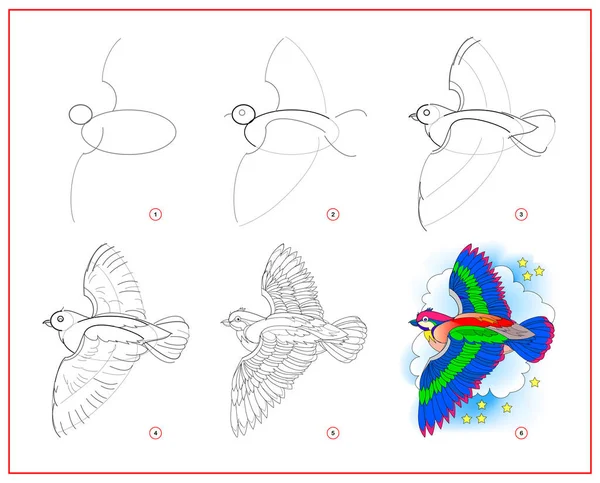 かわいい空飛ぶ鳥の描き方 子供のための教育ページ 動物のイラストをステップバイステップで作成します 子供の学校の運動の本のための印刷可能なワークシート オンライン教育 — ストックベクタ