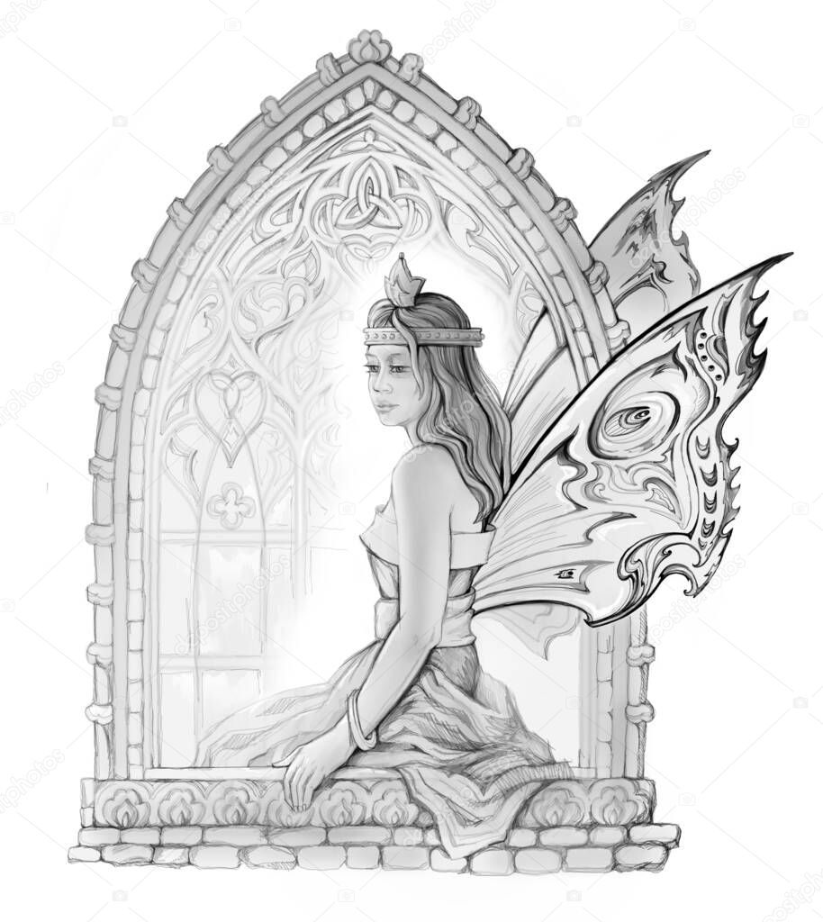 Magic dreamland. Pencil drawing. Beautiful fantasy Celtic fairy sitting near Gothic window. Illustration for an old medieval Breton legend. Black and white image.