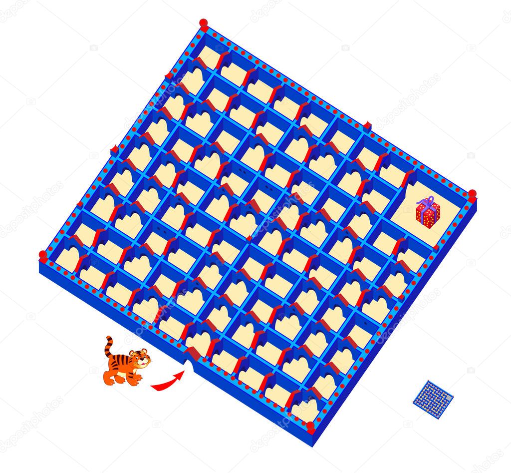 Logic puzzle game with labyrinth for children and adults. Help the little tiger find the way till the gift. Worksheet for kids brain teaser book. IQ test. Play online. Vector illustration.