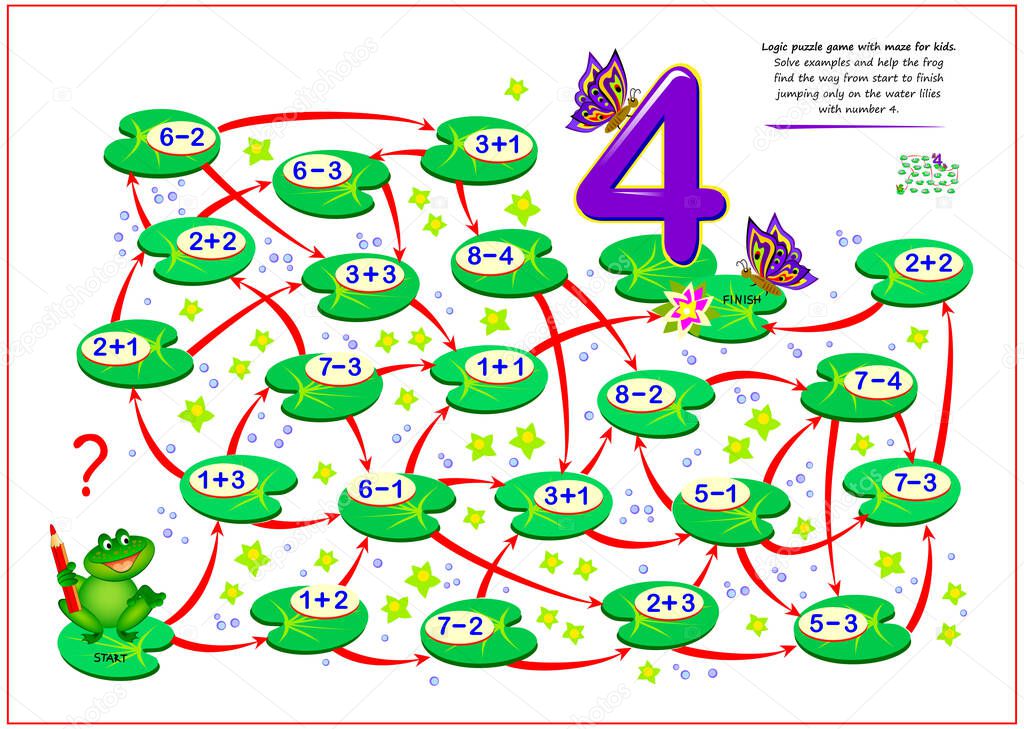 Math education for children. Logic puzzle game with maze for kids. Solve examples and help the frog find the way from start to finish jumping only on the water lilies with number 4. Play online.