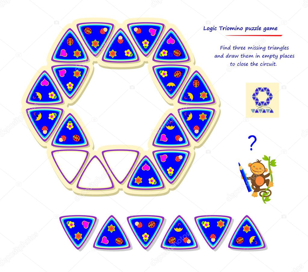 Logic Triomino puzzle game. Find three missing triangles and draw them in empty places to close the circuit. Page for brain teaser book.  Memory exercise for seniors. Developing spatial thinking.