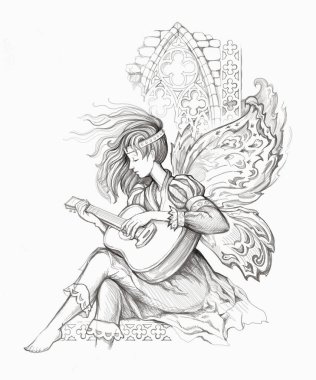 Müzik perisi. Ortaçağ efsanesinde gitar çalan güzel bir kızın hayali portresi. Kalem çizimi. Siyah beyaz çizim. Kumaş veya dövme için yazdır.