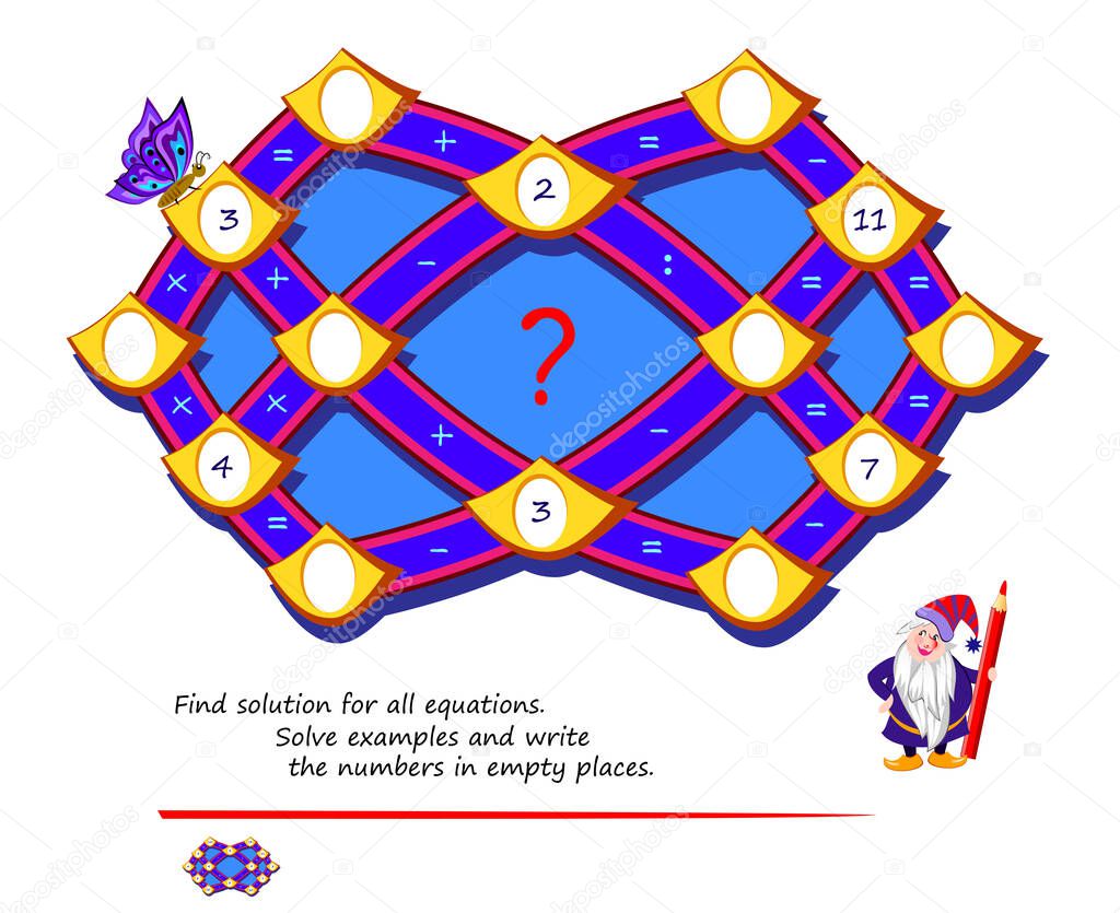 Math logic puzzle game for smartest. Find solution for all equations. Solve examples and write numbers in empty places. Page for brain teaser book. Play online. IQ test. Memory training for seniors.