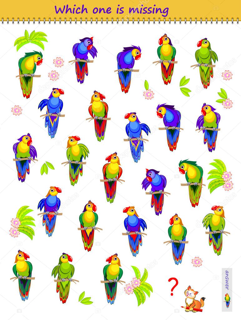 Find the pair for each parrot. Which is the only one? Logic puzzle game for children and adults. Printable page for kids brain teaser book. IQ test. Play online. Memory training task for seniors.