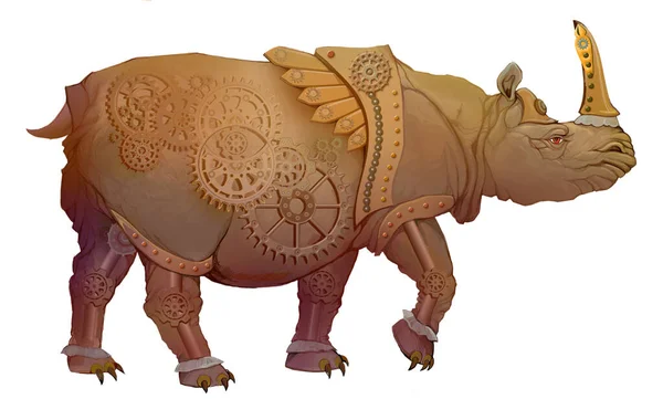 Rinoceronte Ouro Guerreiro Armadura Militar Estilo Steampunk Ilustração Animais Mecânicos — Fotografia de Stock