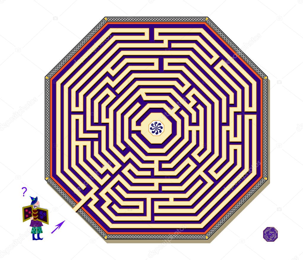 Logic puzzle game with octagonal labyrinth for children and adults. Help the wizard find the way to the center of maze. Worksheet for kids brain teaser book. IQ test. Play online.