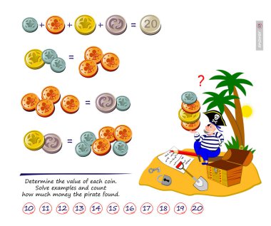 Zekiler için matematik mantığı bulmacası oyunu. Her sikkenin değerini belirleyin. Örnekleri çöz ve korsanın ne kadar para bulduğunu say. Zeka oyunu kitabı için sayfa. İnternette oyna. Yaşlılar için hafıza eğitimi.