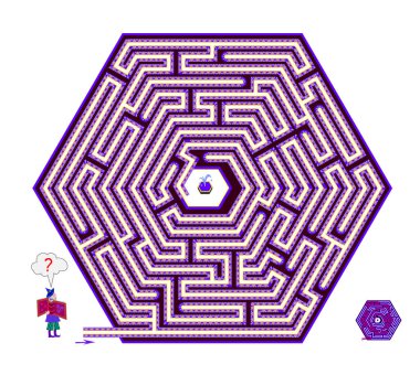 Çocuklar ve yetişkinler için labirent ile mantıklı bulmaca oyunu. Büyücünün fıskiyeye giden yolu bulmasına yardım et. Labirent şeklinde spiral altıgen. Çocuk zeka oyunu kitabı için çalışma tablosu. IQ testi. Çevrimiçi oyna.