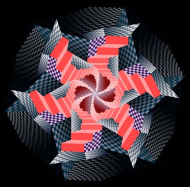 Fantezi psikedelik illüstrasyon. Spiral şeklinde kıvrılan merdivenlerin süsü. Kaleydoskopik tarzda yapılan dama tahtasının soyut deseni. Siyah arkaplanda yazdırılabilir mandala.