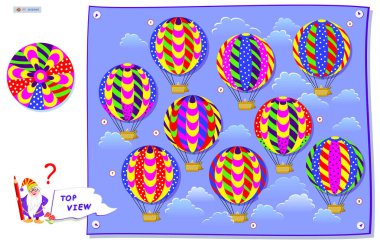 Logic puzzle game for kids. Find which of flying balloons corresponds to the top view on drawing. Brain Teaser book. Development children spatial thinking. Memory exercise for seniors. Play online. clipart