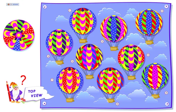 给孩子们玩逻辑拼图游戏找出哪一个飞行气球与绘图时的顶视图相对应 脑筋急转弯 发展儿童空间思维 老年人的记忆练习 在网上玩 — 图库矢量图片